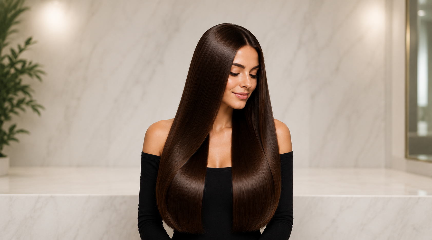 Woman with smooth, shiny, keratin-treated hair demonstrating the results of using the best sulfate-free shampoo after keratin treatment