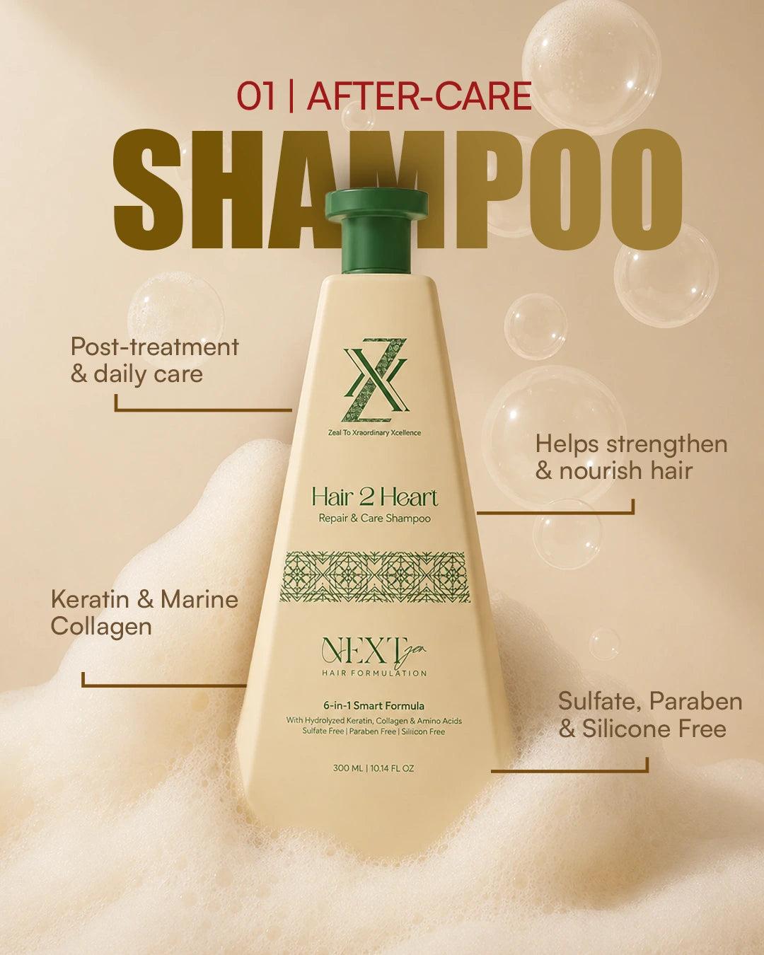 A bottle of NEXT Nature's Haven Hair 2 Heart Repair & Care Shampoo centered on a beige background with text callouts about after-care use and benefits, plus decorative bubbles and foam.