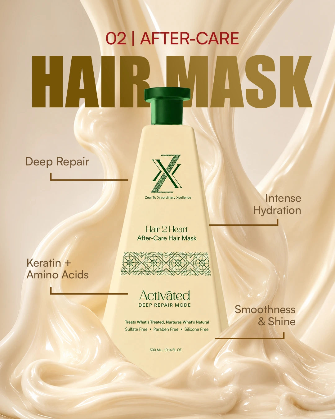 A bottle of Hair 2 Hour After Care Hair Mask centered on a creamy beige background with decorative swirls. Large text reads '02 | AFTER-CARE HAIR MASK,' and callout lines mention Deep Repair, Intense Hydration, Keratin + Amino Acids, and Smoothness & Shine.