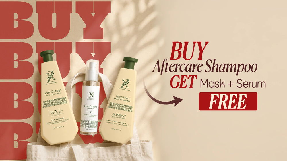 Promotional banner for MEXI+ Aftercare Shampoo, showing two beige shampoo bottles and one serum bottle on a white cloth against a beige background with red text reading 'BUY Aftercare Shampoo GET Mask + Serum FREE'.