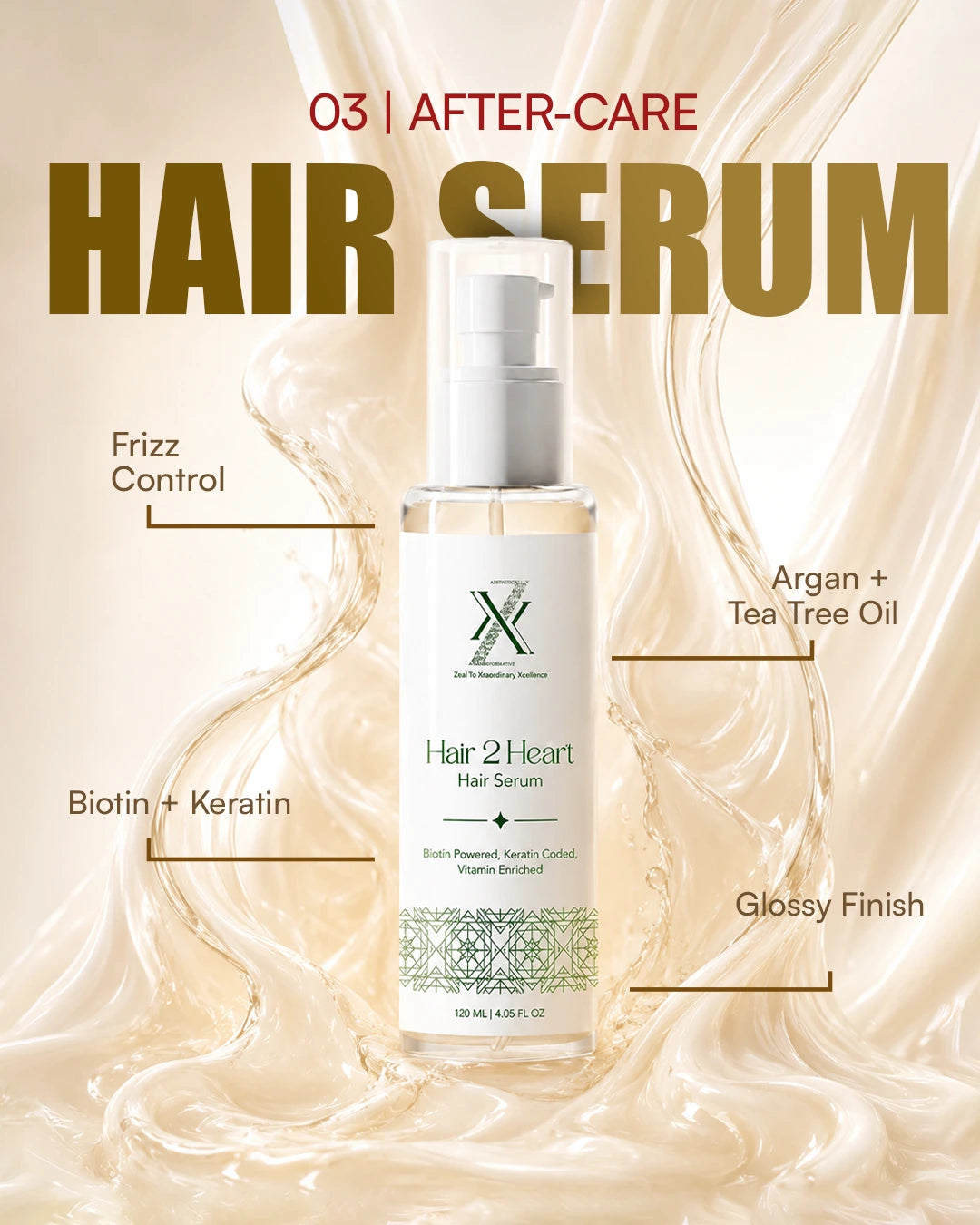 Hair 2 Heart Hair Serum bottle shown on a cream-colored background with liquid swirls, surrounded by callout text highlighting benefits like frizz control, argan + tea tree oil, biotin + keratin, and glossy finish.