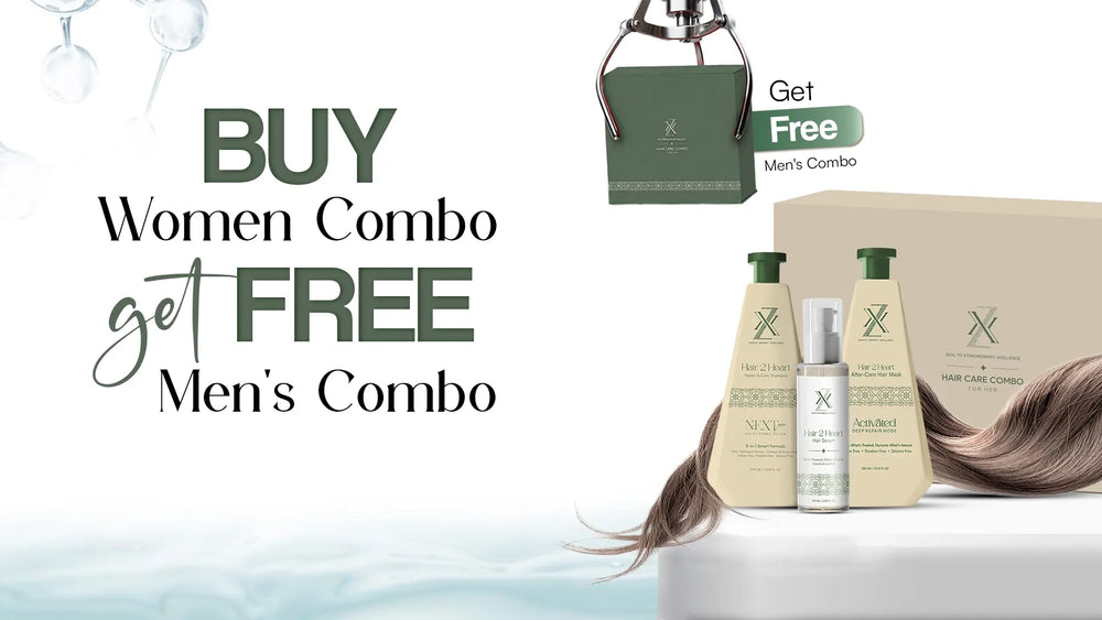 Promotional offer for women's and men's hair care product combos with bottles and a bag on a white background.